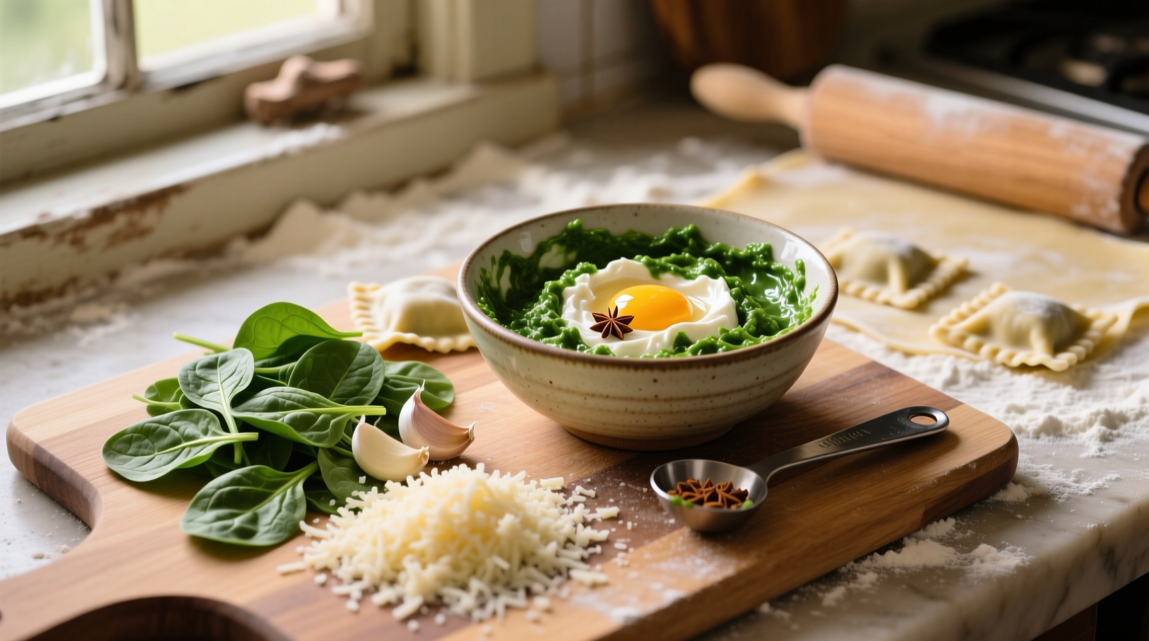 Homemade spinach ravioli filling preparation