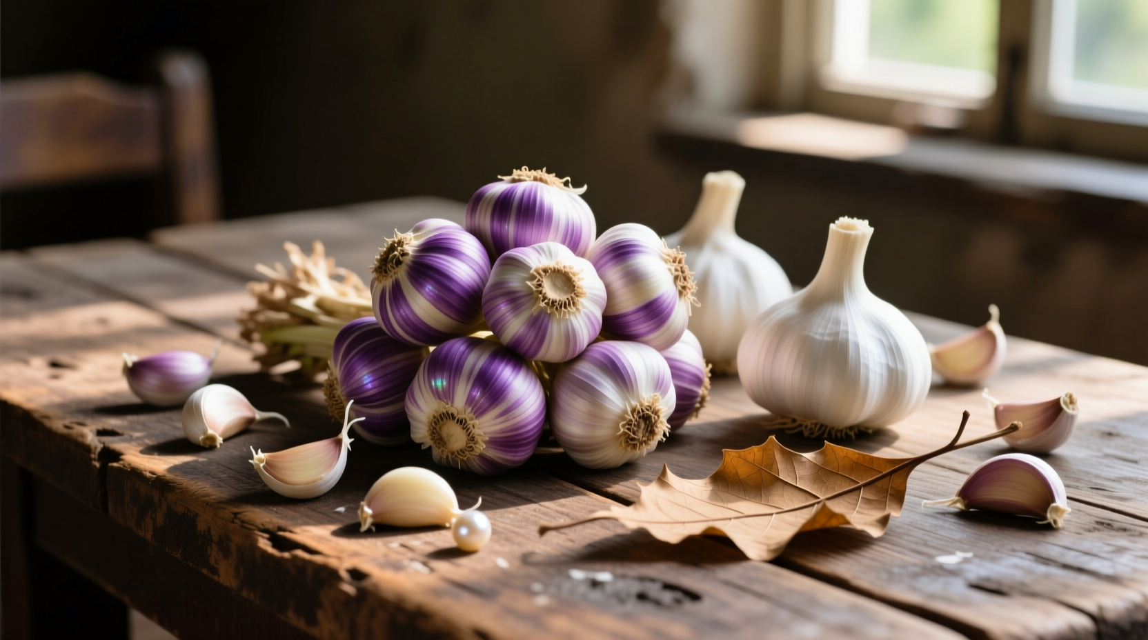 Various garlic varieties on wooden table