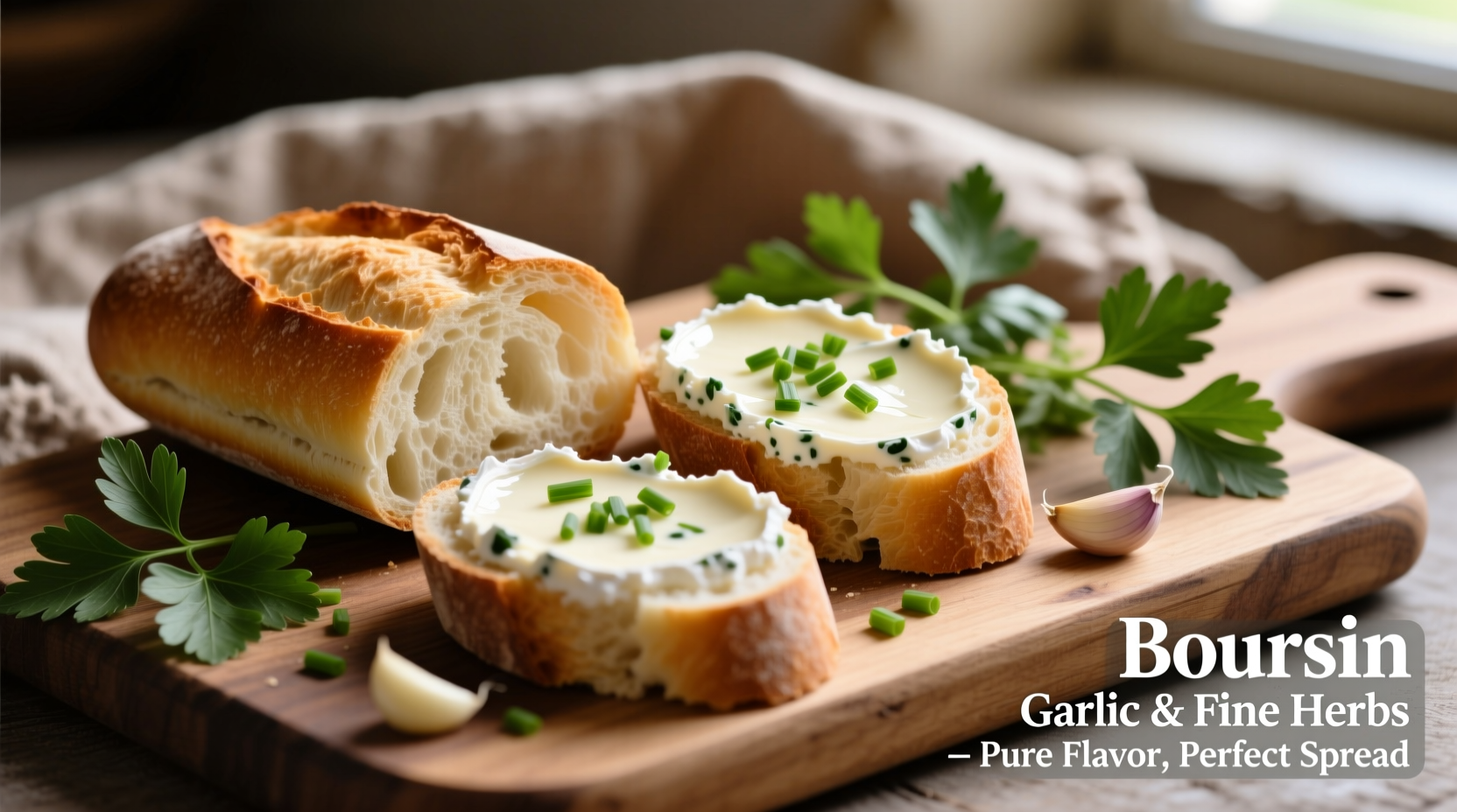 Boursin Garlic and Fine Herbs cheese spread on baguette