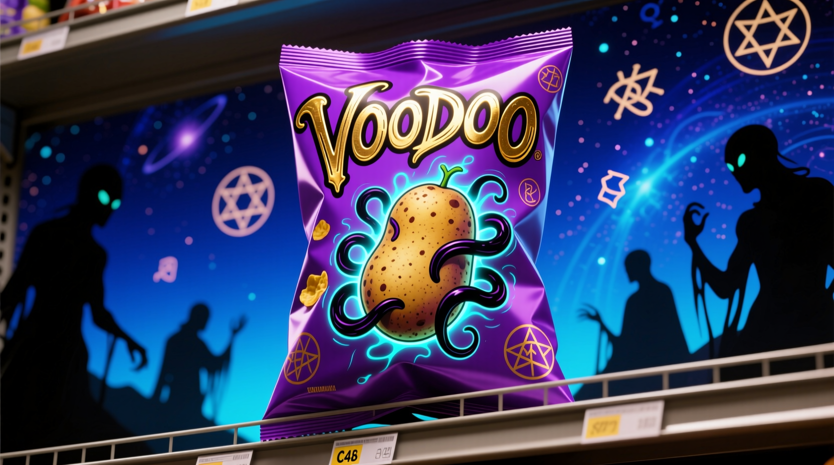 Voodoo potato chips in distinctive purple bag