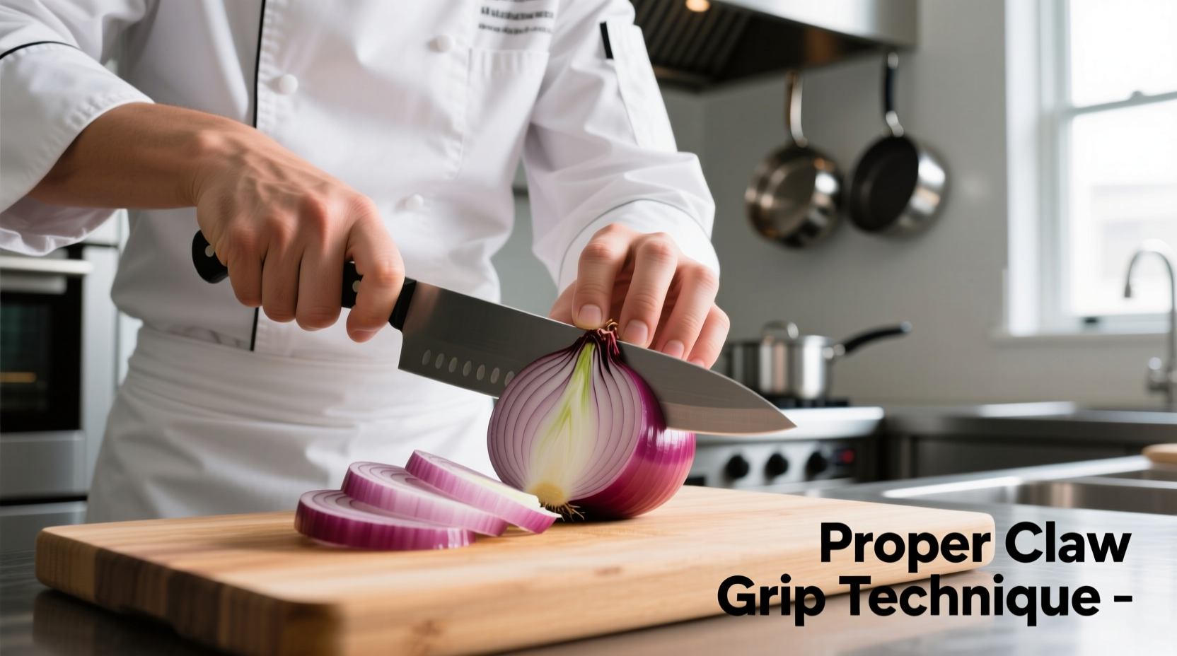 Chef demonstrating proper claw grip while slicing onion