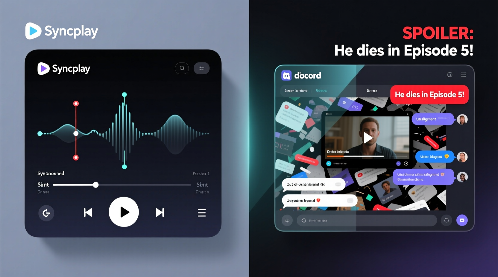 Side-by-side interface comparison: Syncplay's clean playback control panel with synchronized timeline markers versus Discord's cluttered screen-share window showing visible audio-video misalignment and unfiltered spoiler-laden chat