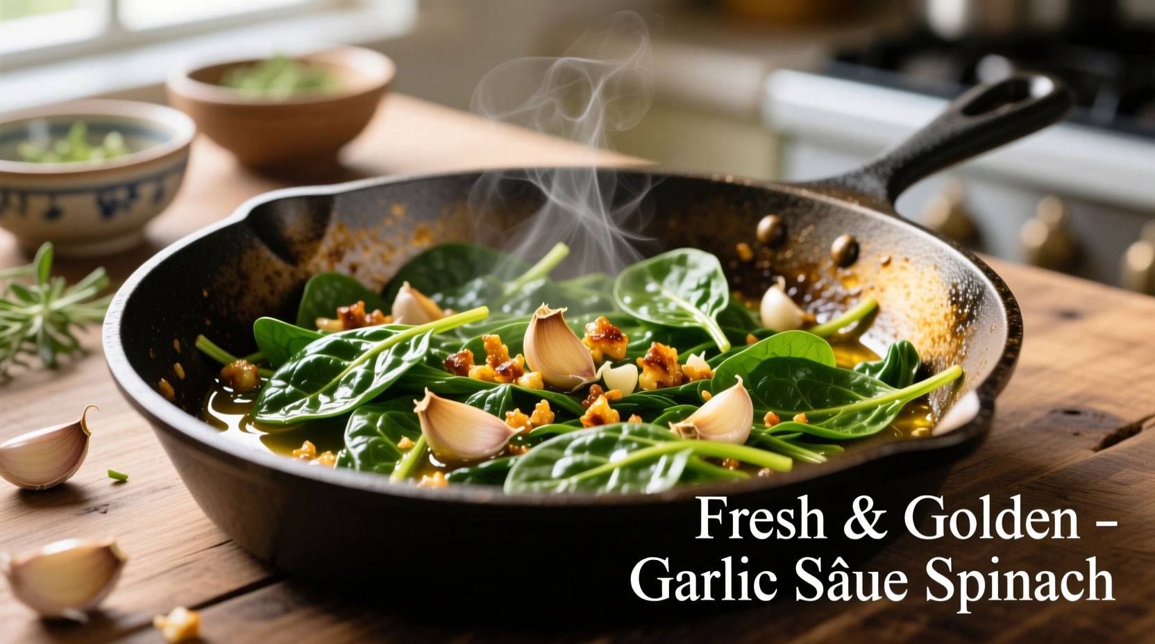 Perfect golden garlic sautéed spinach in skillet