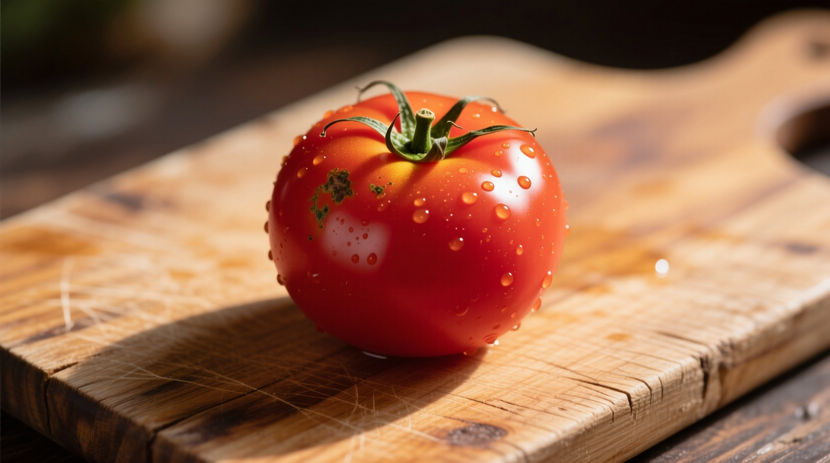 Fresh red medium tomato on wooden cutting board
