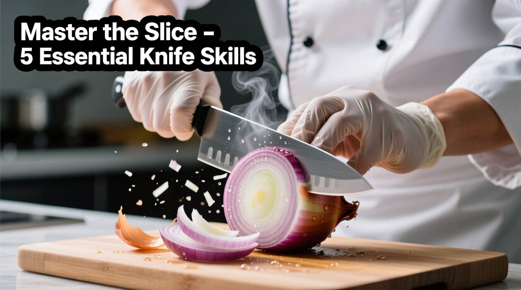 Chef demonstrating proper onion slicing technique with sharp knife
