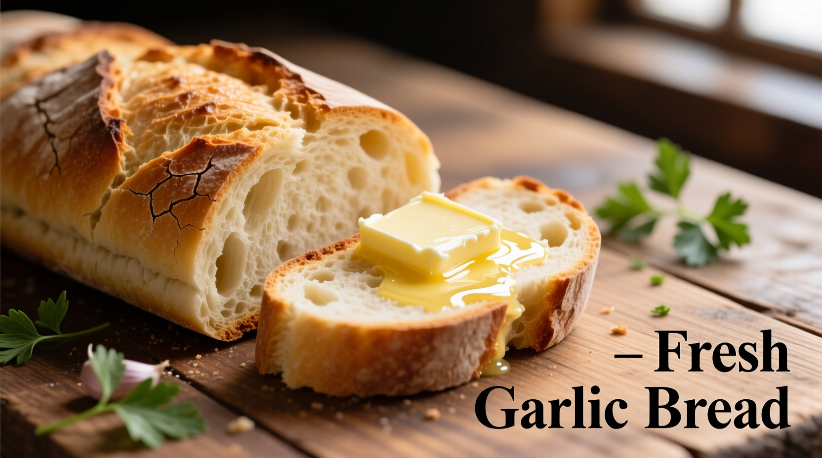 Fresh garlic bread sliced with melted butter