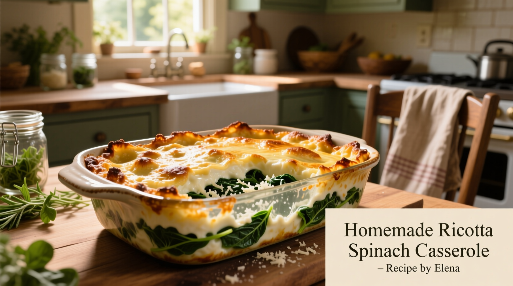 Ricotta spinach casserole in baking dish