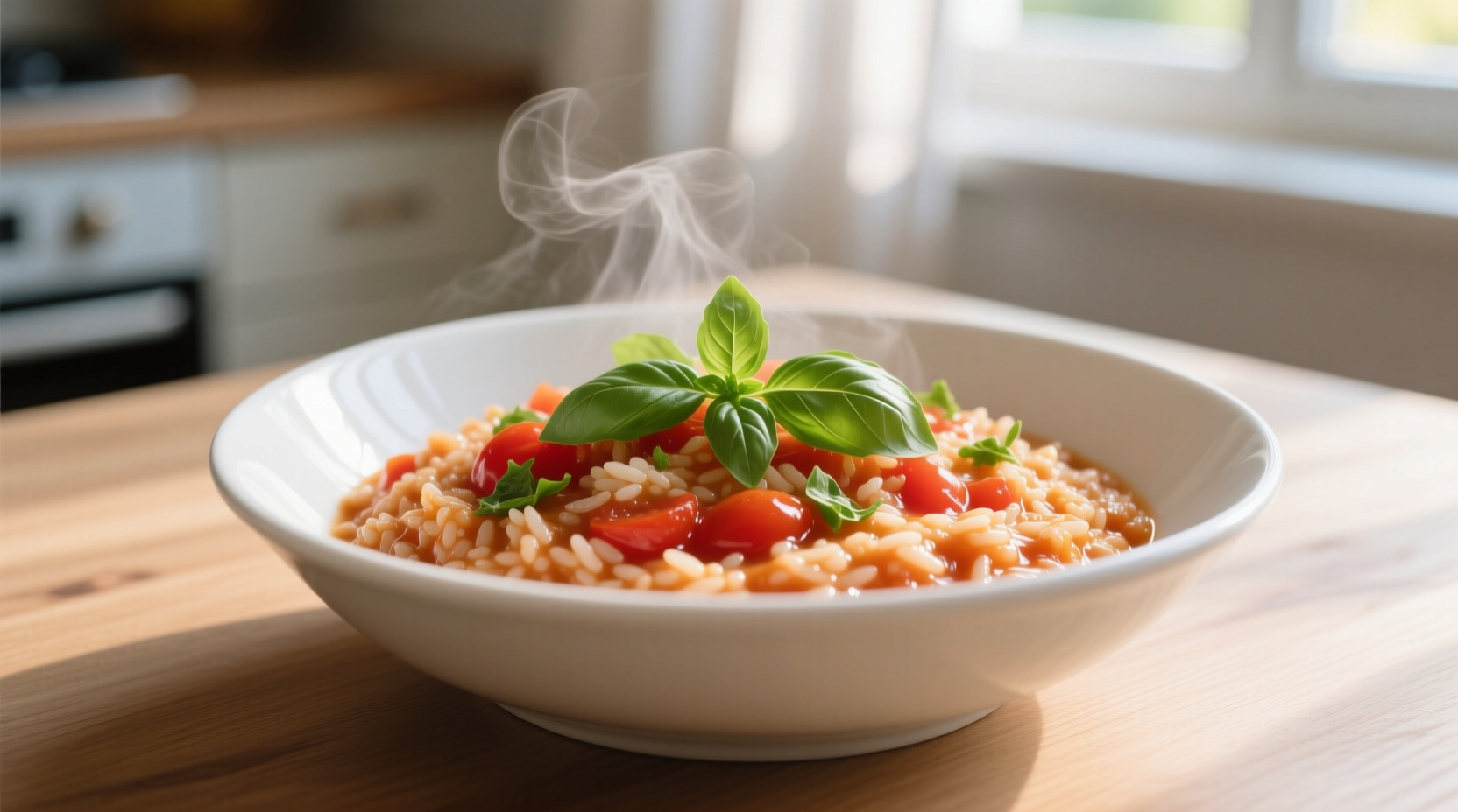 Creamy tomato risotto in white bowl with basil garnish
