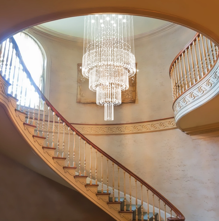 Modern long staircase lighting fixture luxury fiber optic spiral raindrop crystal ceiling chandeliers and lamps