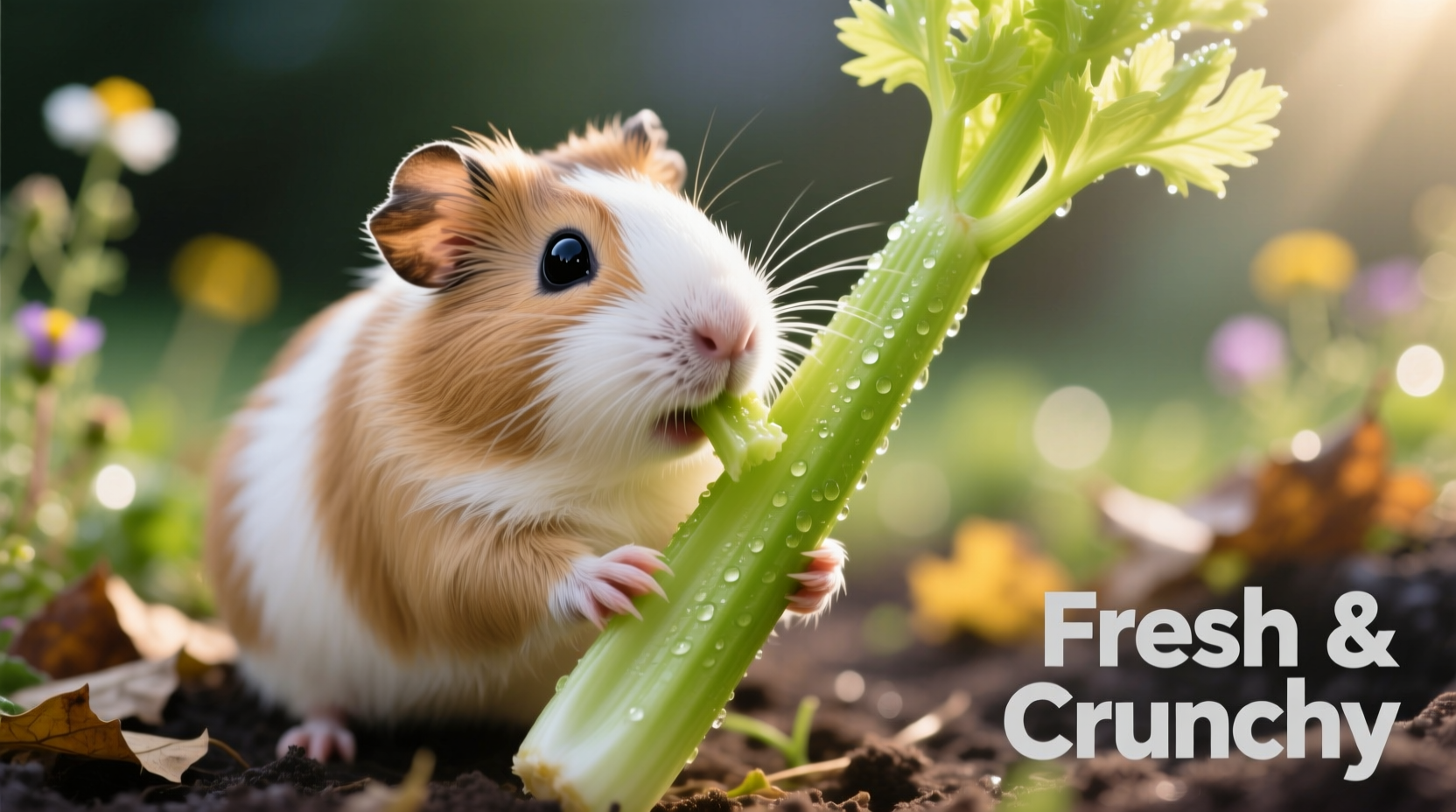Guinea pig nibbling on fresh celery stalk