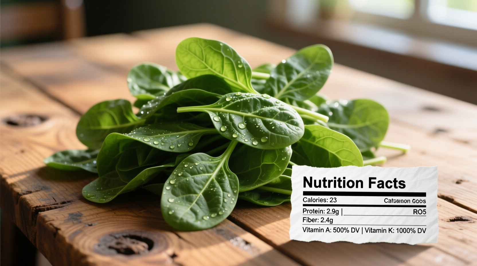Fresh spinach leaves on wooden table with nutrition facts