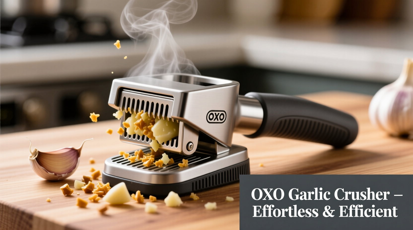 OXO garlic crusher in action with fresh garlic cloves