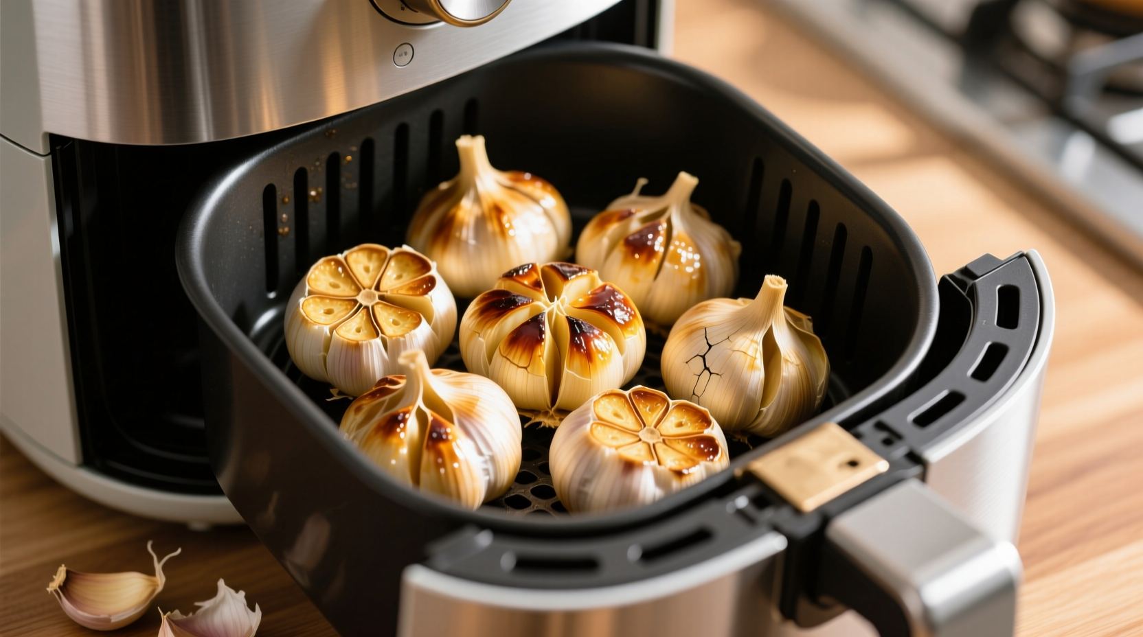Golden roasted garlic cloves in air fryer basket