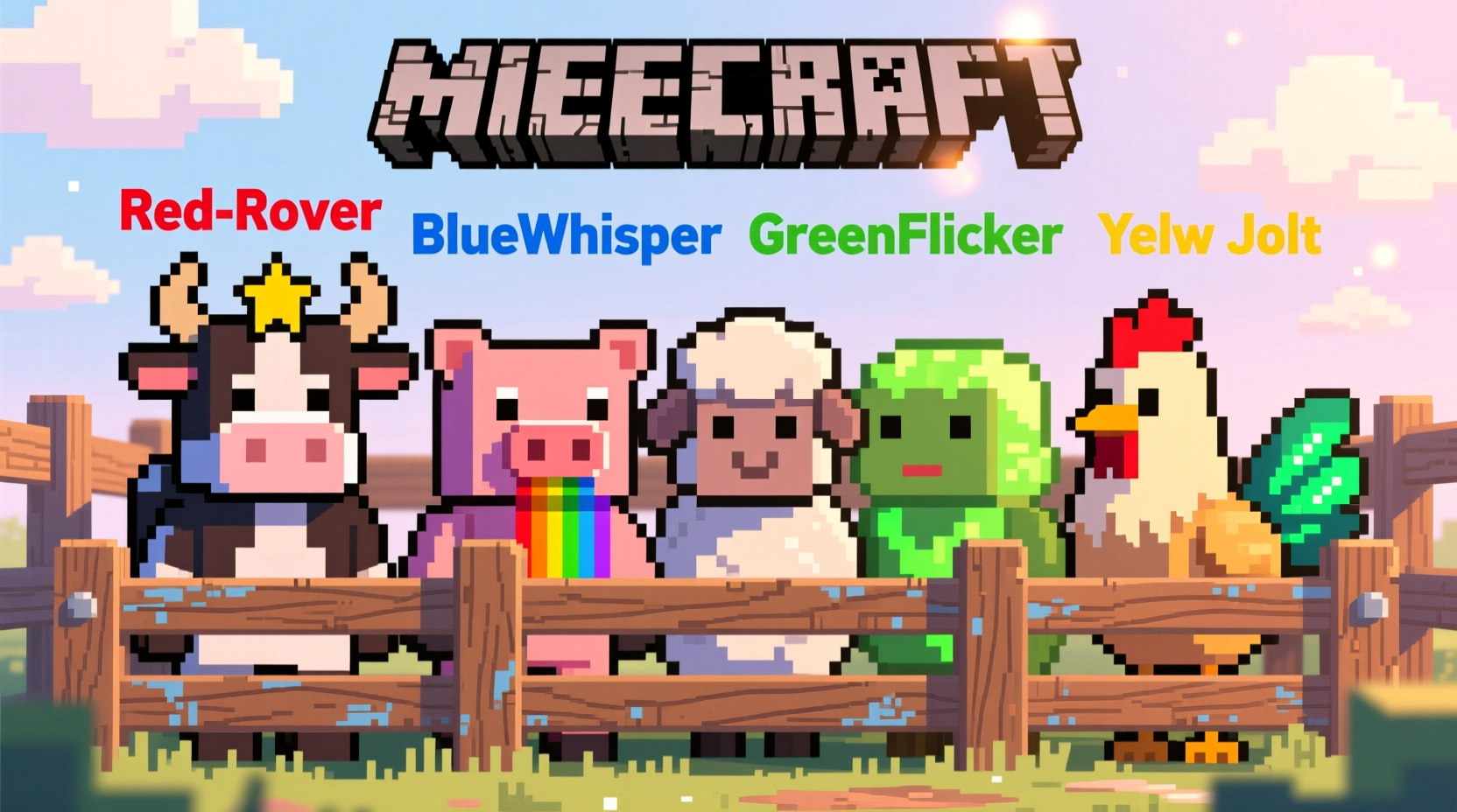 Color-coded named animals in Minecraft pen with custom names