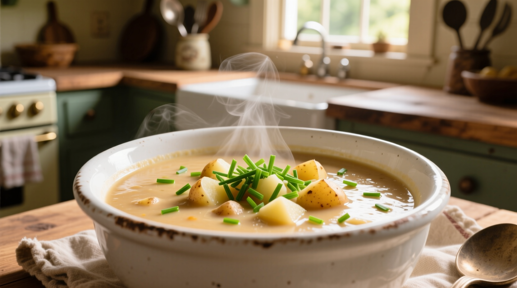 Creamy Idahoan potato soup in white bowl with chives