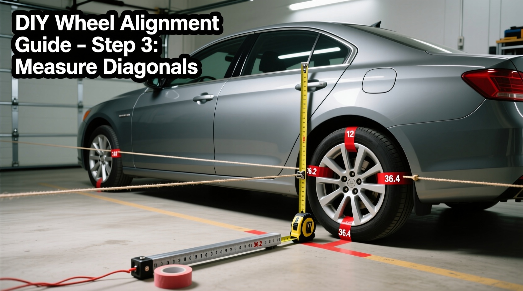 DIY car alignment tool setup using string and tape measure