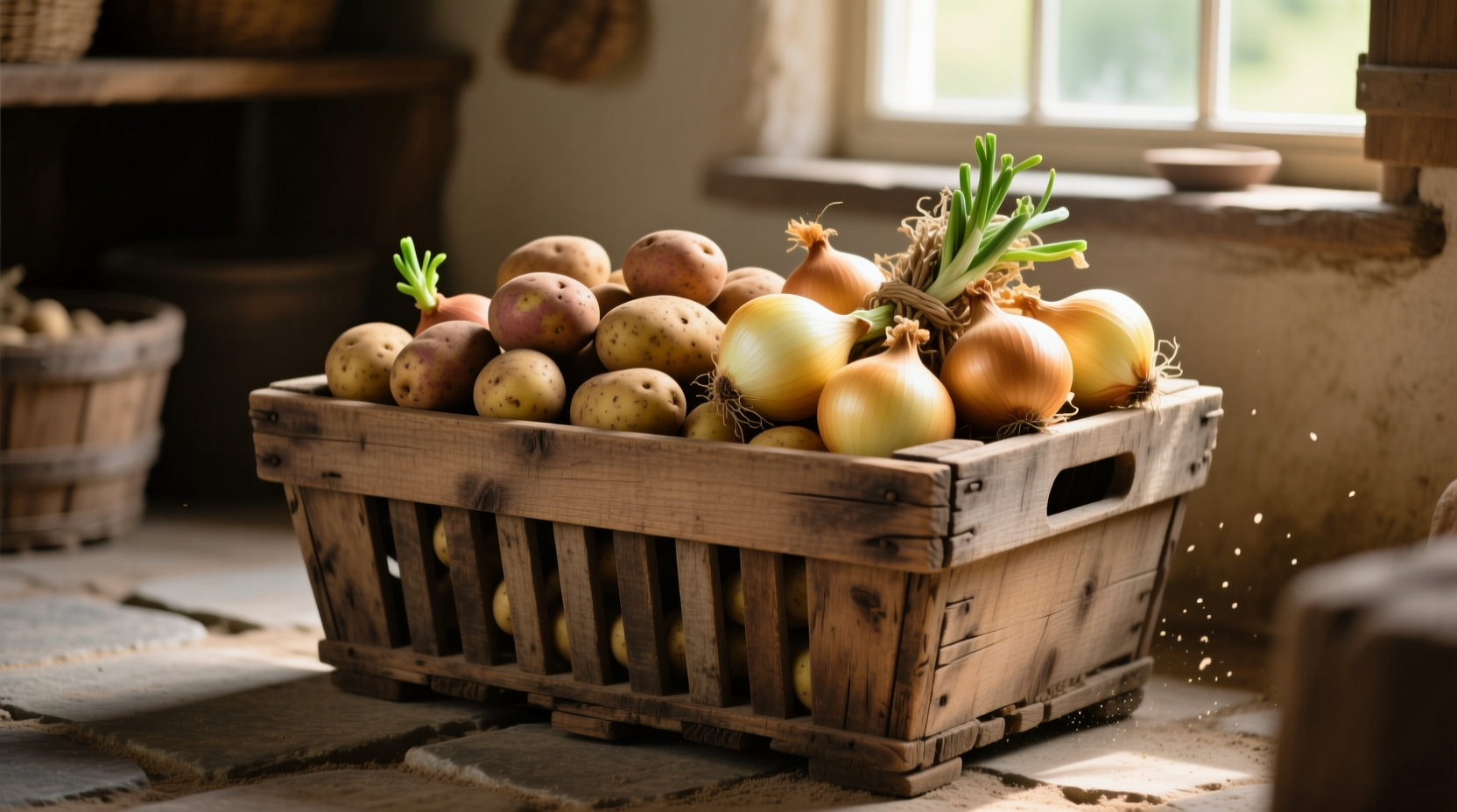 Ventilated wooden bin with properly stored potatoes and onions
