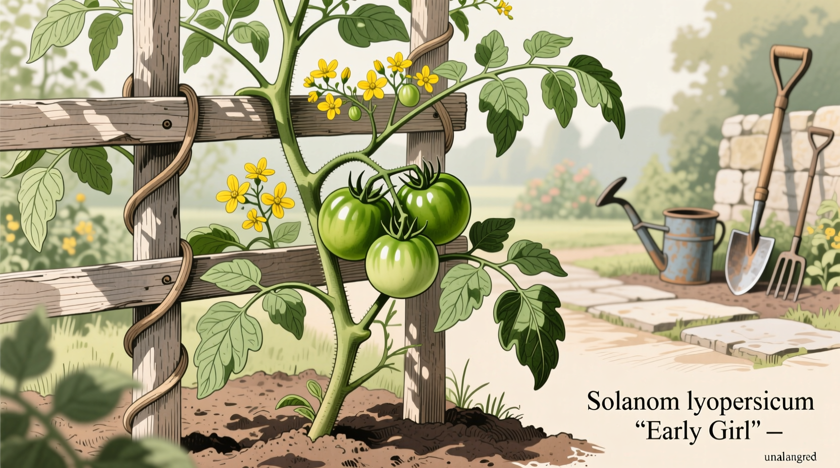 Early Girl tomato plant on sturdy trellis