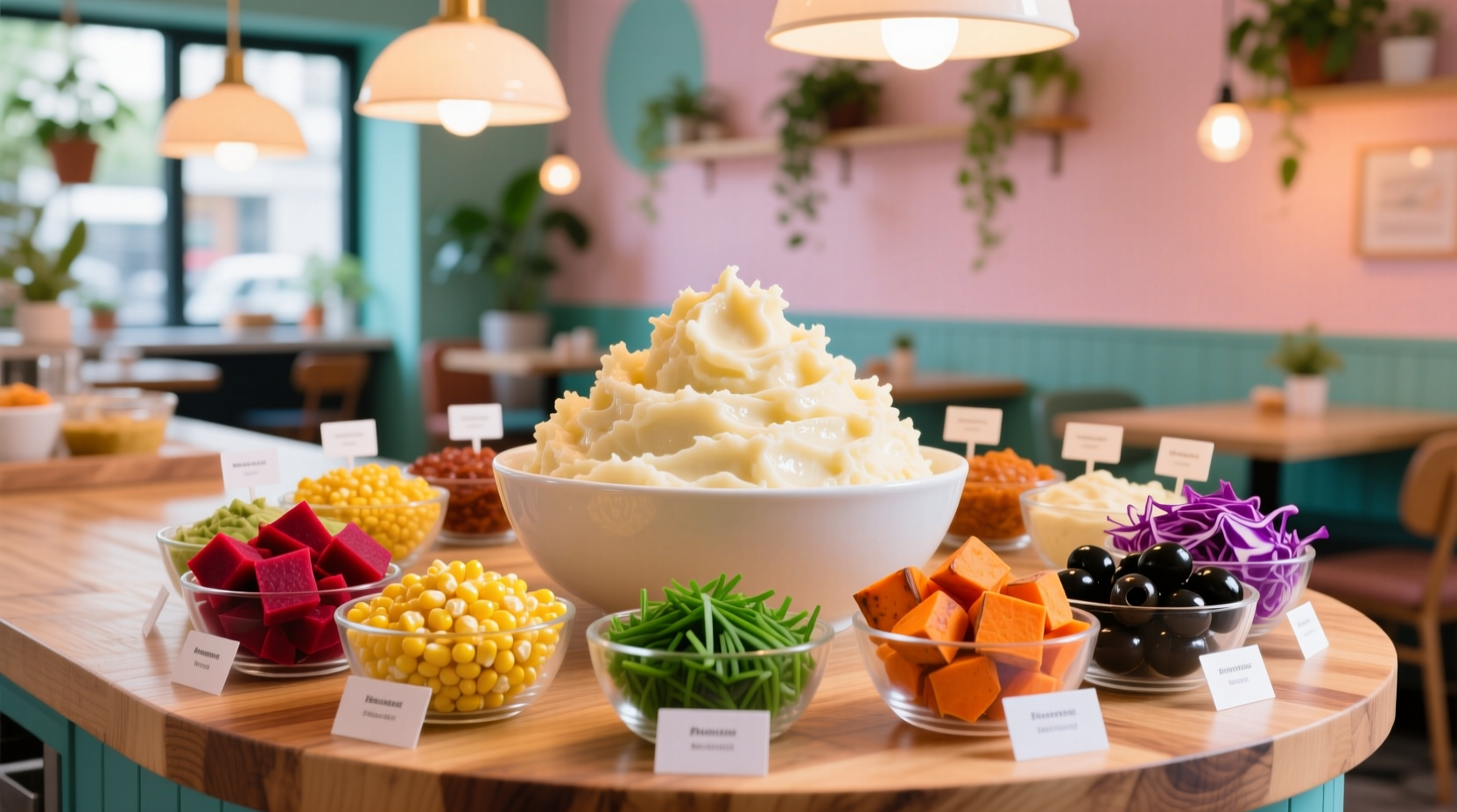 Colorful mashed potato bar with multiple topping options arranged in small bowls