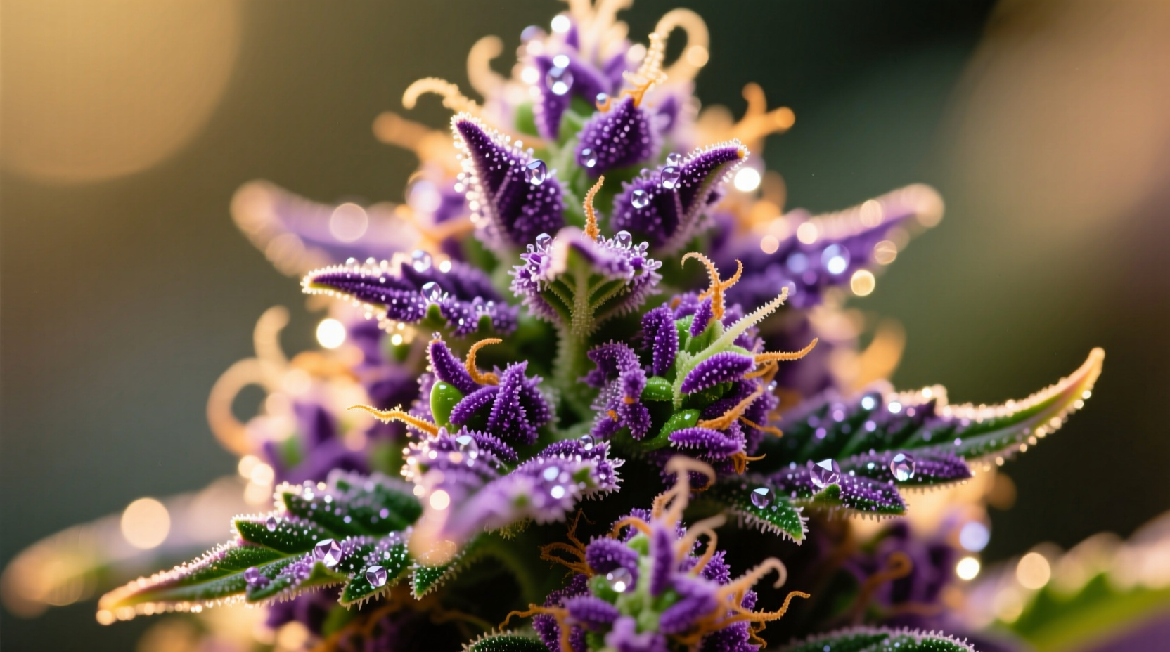 Close-up of Garlic Cake strain buds showing purple hues and trichome coverage