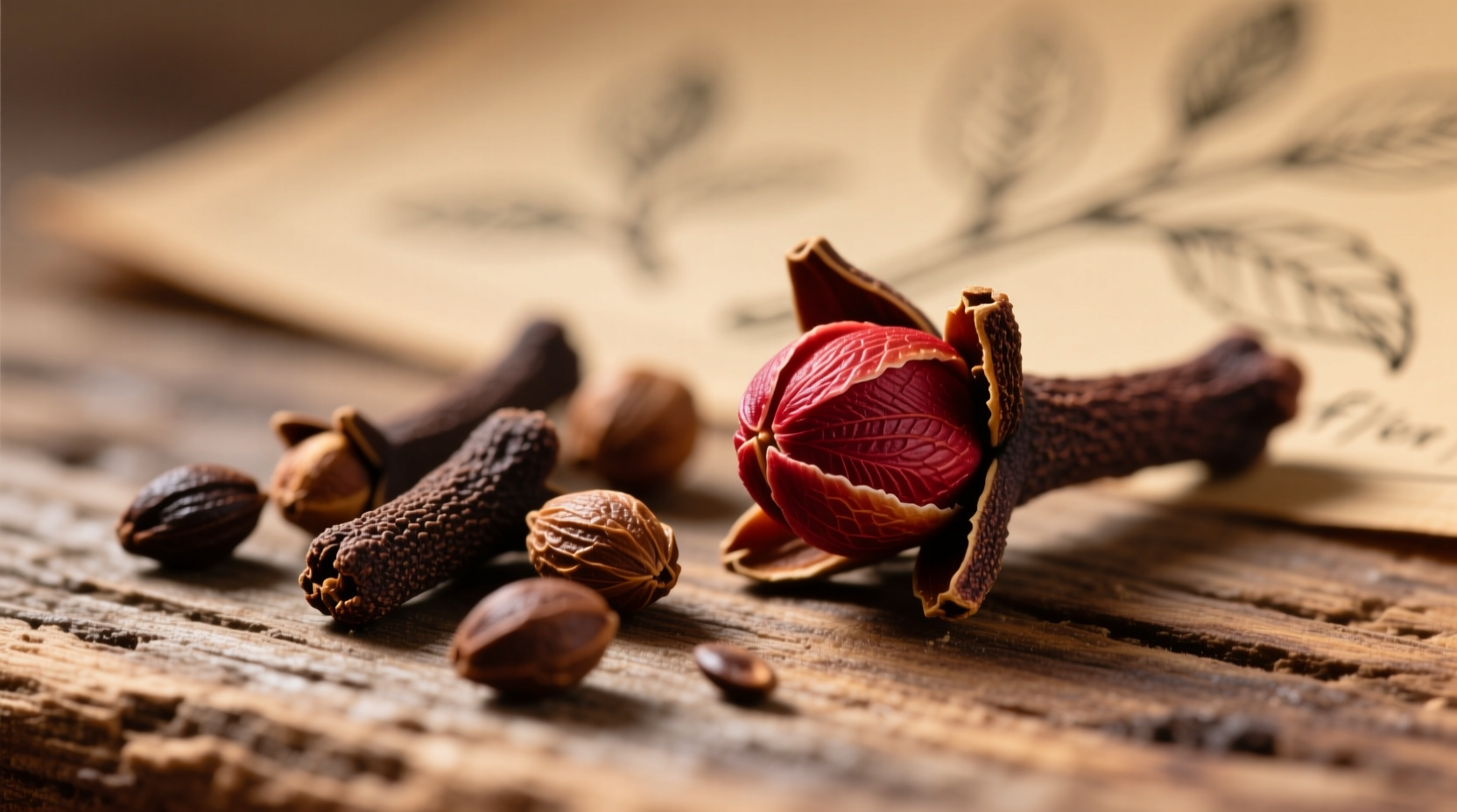 Clove tree seeds next to mature clove buds