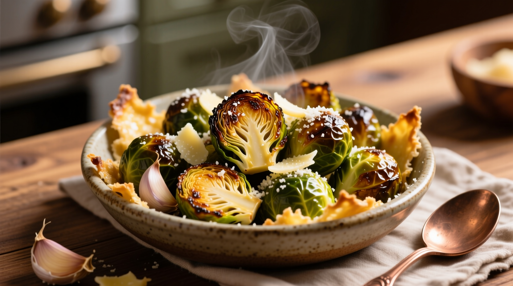 Golden roasted brussel sprouts with garlic slices and parmesan