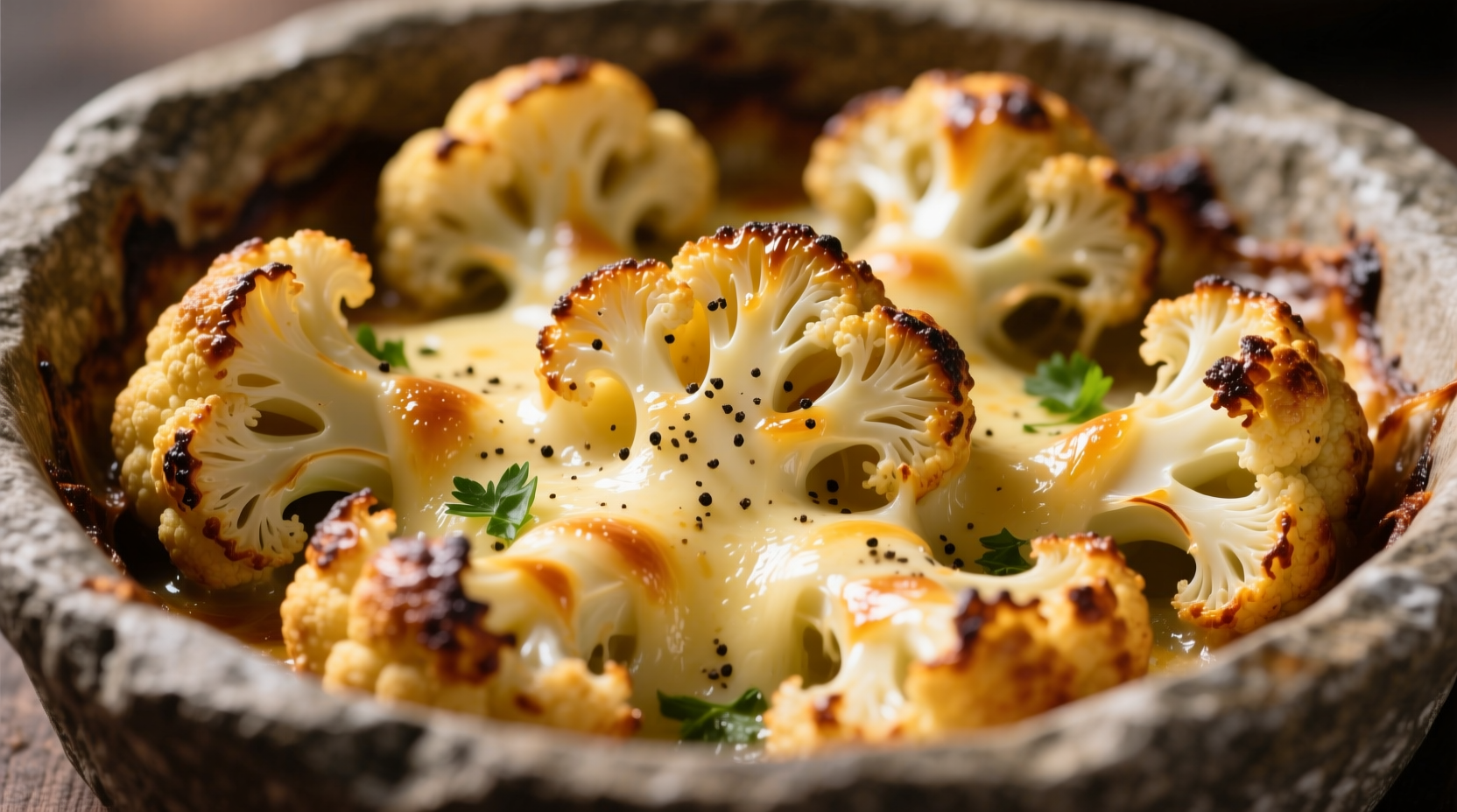 Golden roasted cauliflower florets with melted parmesan cheese