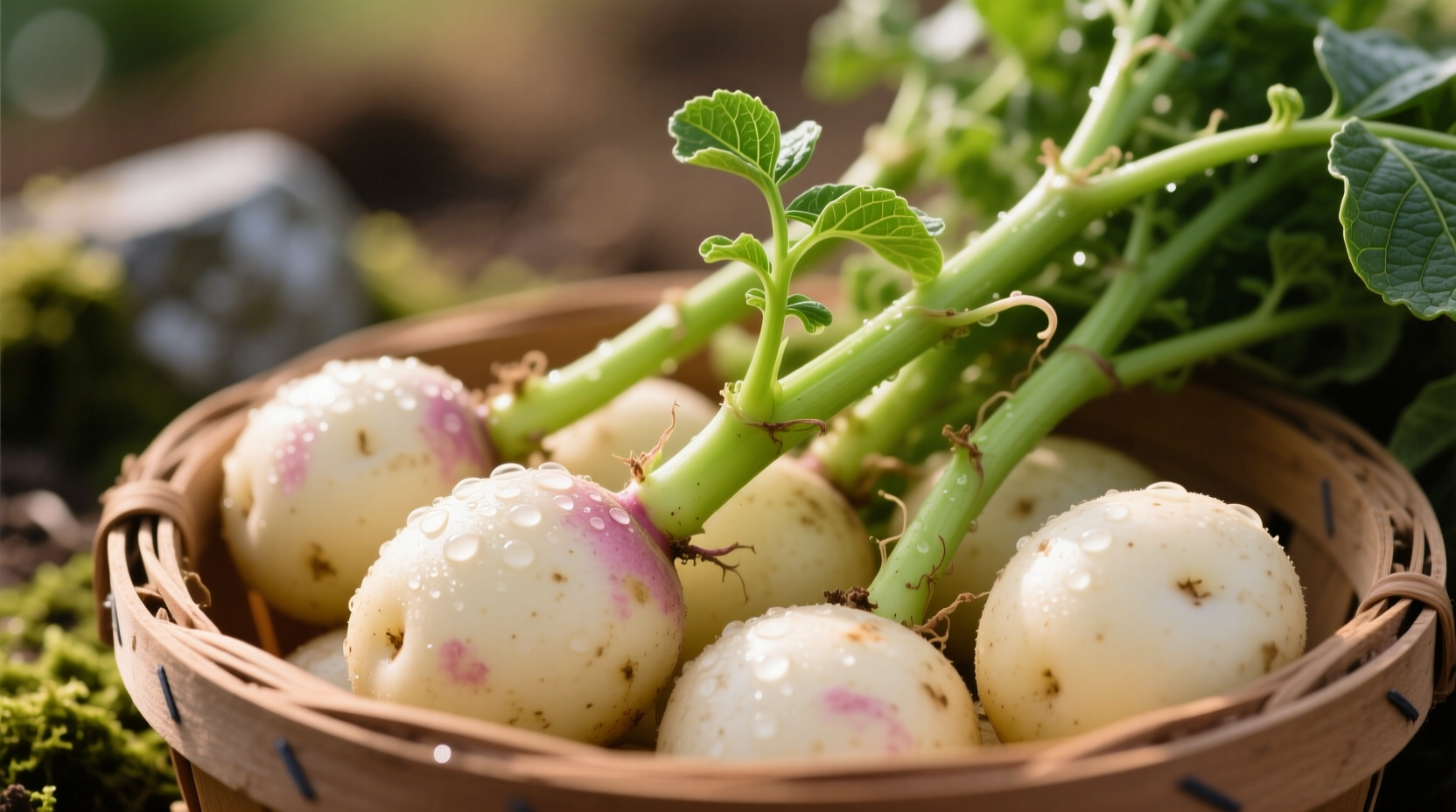 Fresh Carisma potatoes with green stems