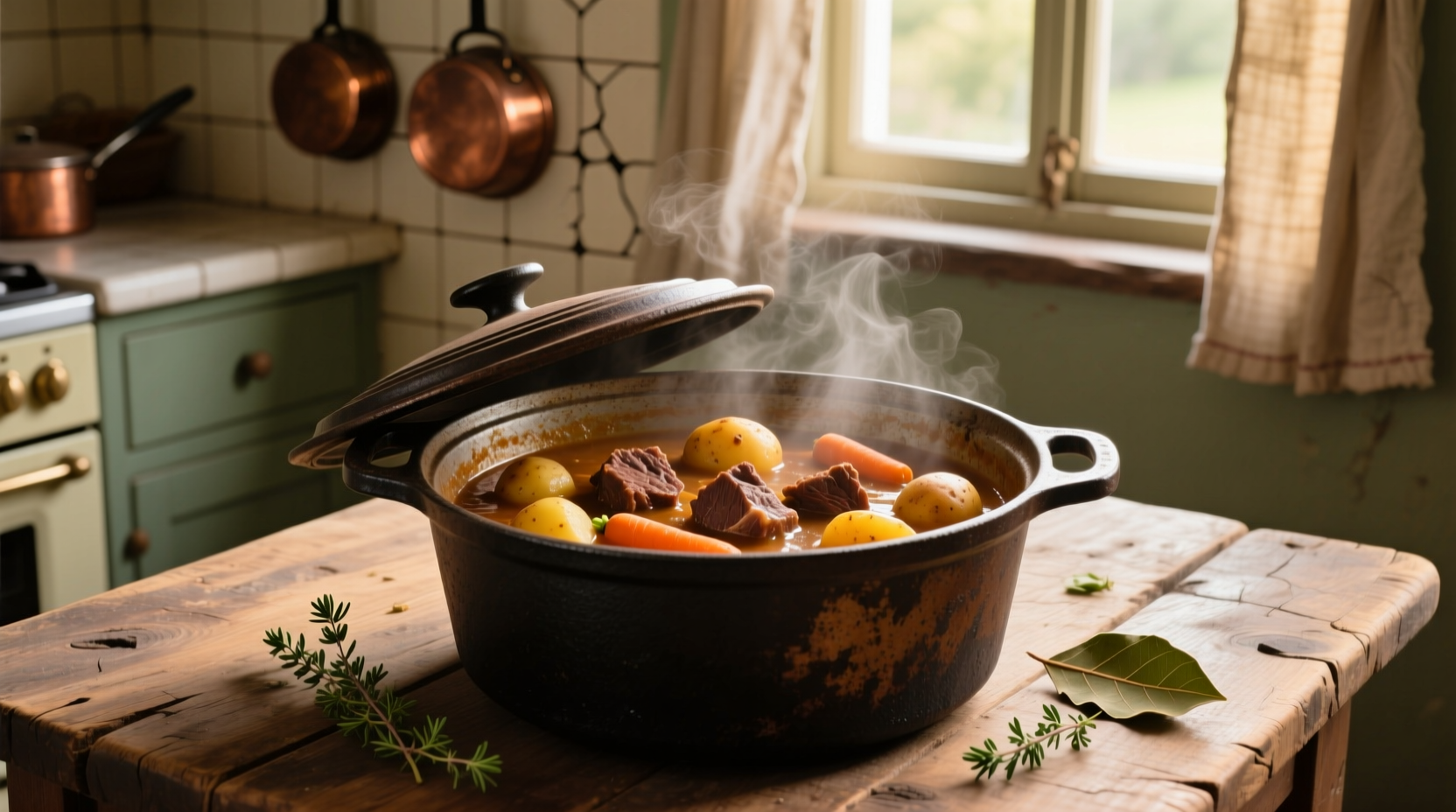 Hearty potato beef stew in cast iron pot