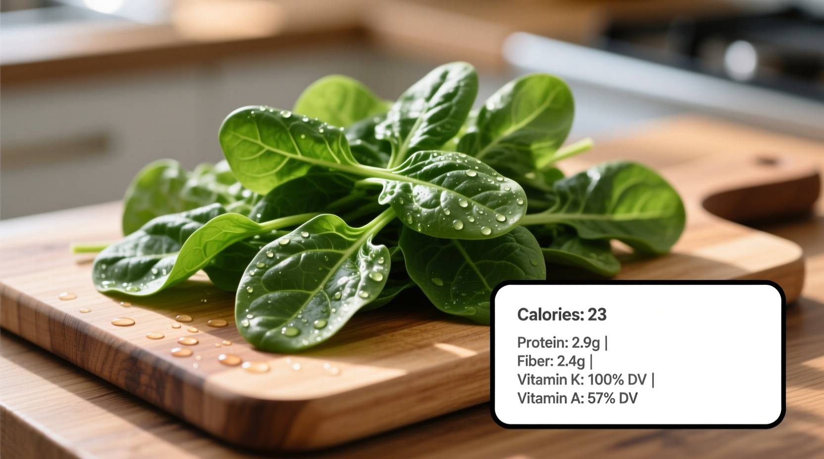 Fresh spinach leaves with nutritional information overlay