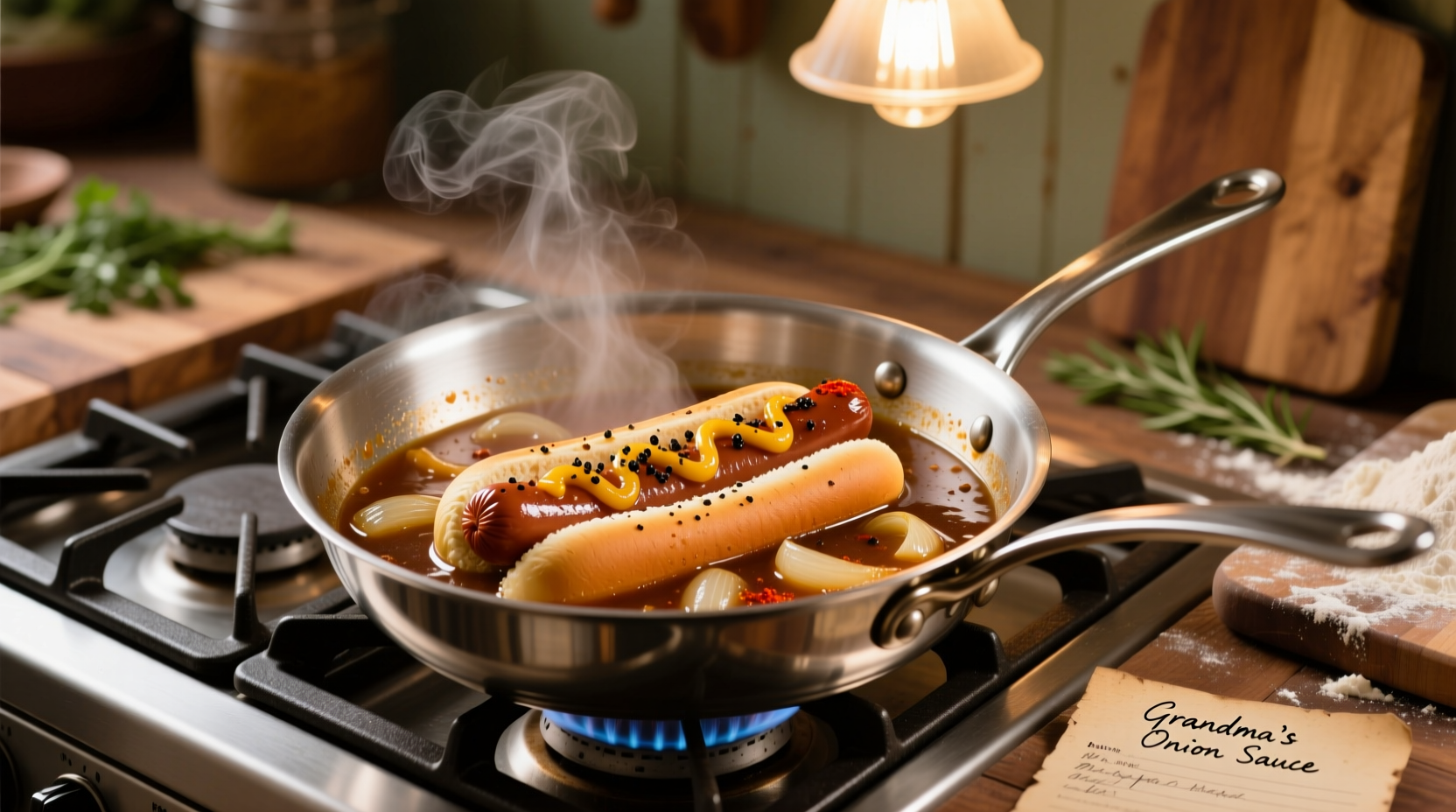 Homemade hot dog onion sauce simmering in stainless steel pan
