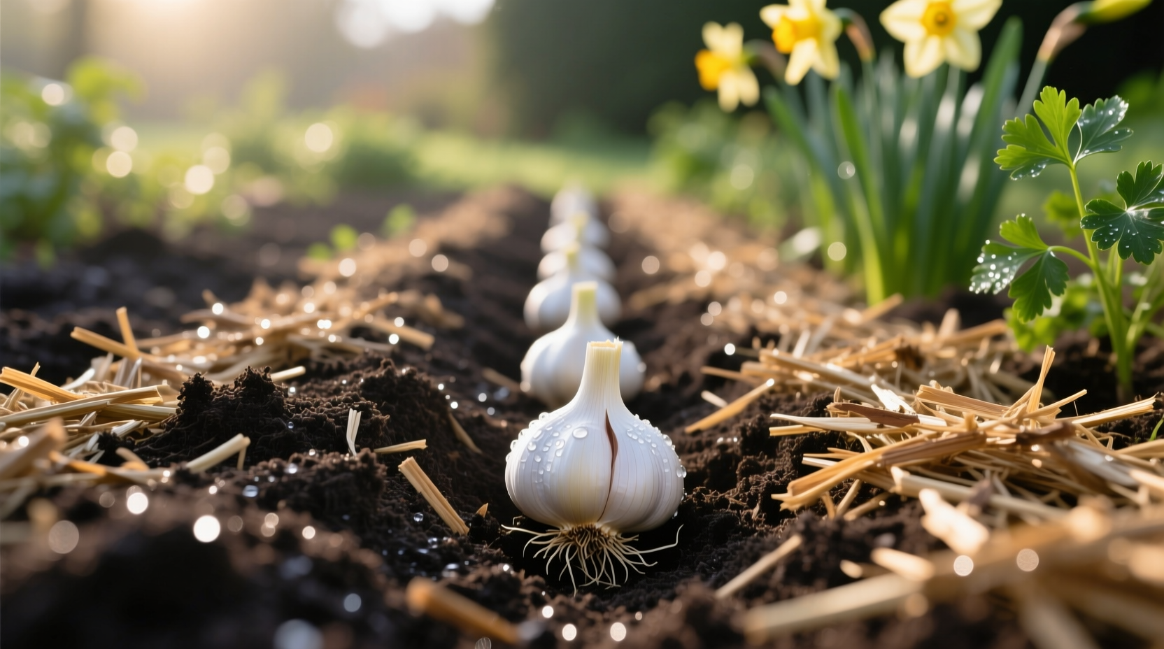 Garlic cloves planted in garden soil with mulch