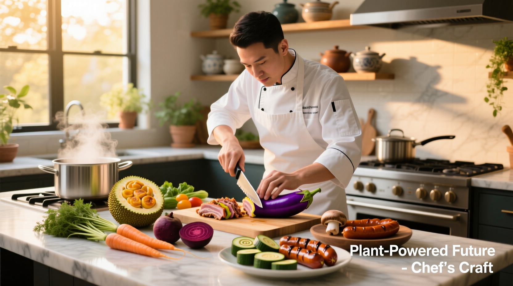 Chef preparing vegetable alternatives in kitchen