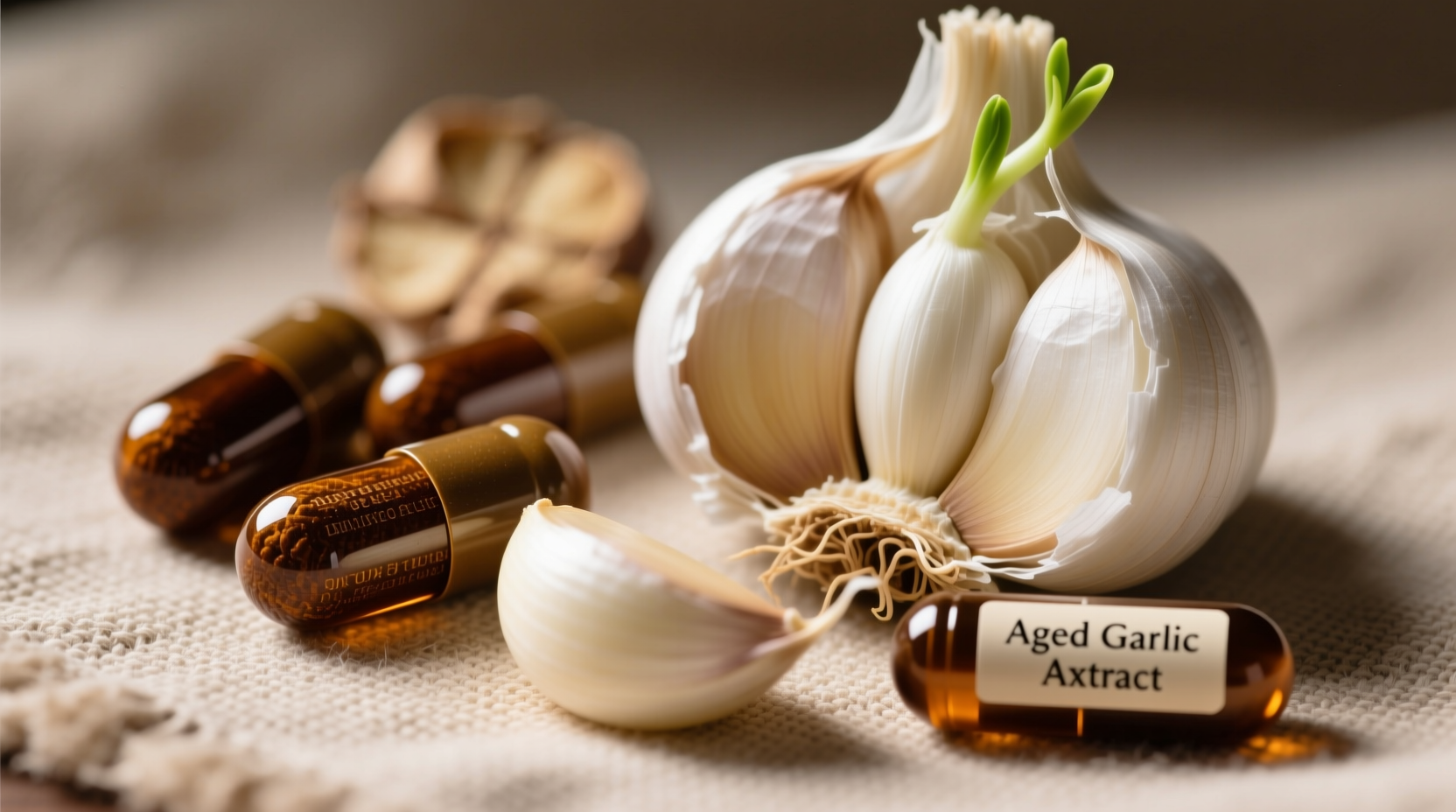 Close-up of aged garlic extract capsules and fresh garlic cloves
