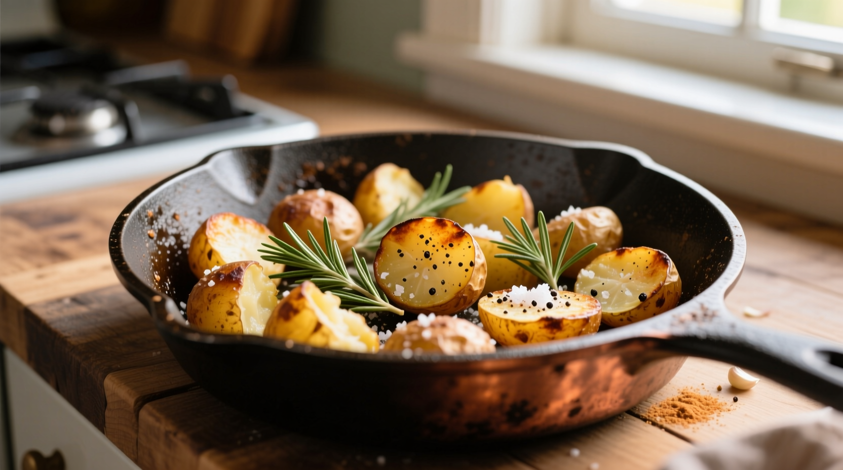 Crispy golden breakfast potatoes in cast iron skillet