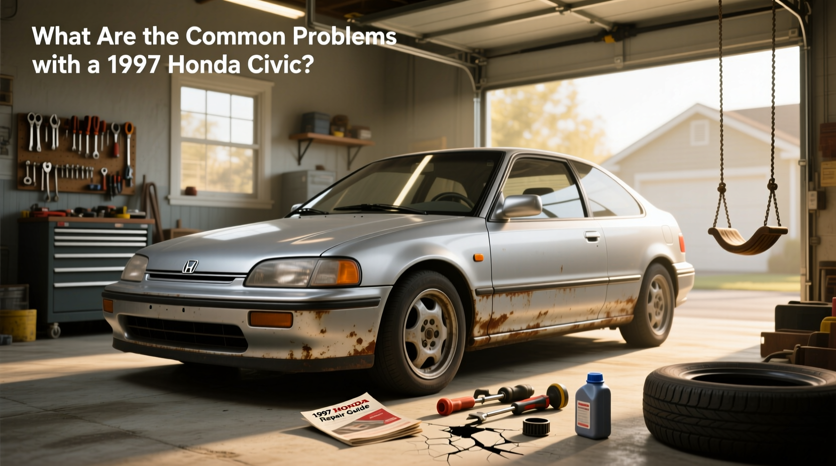 Close-up view of a 1997 Honda Civic hatchback showing door trim and window mechanism
