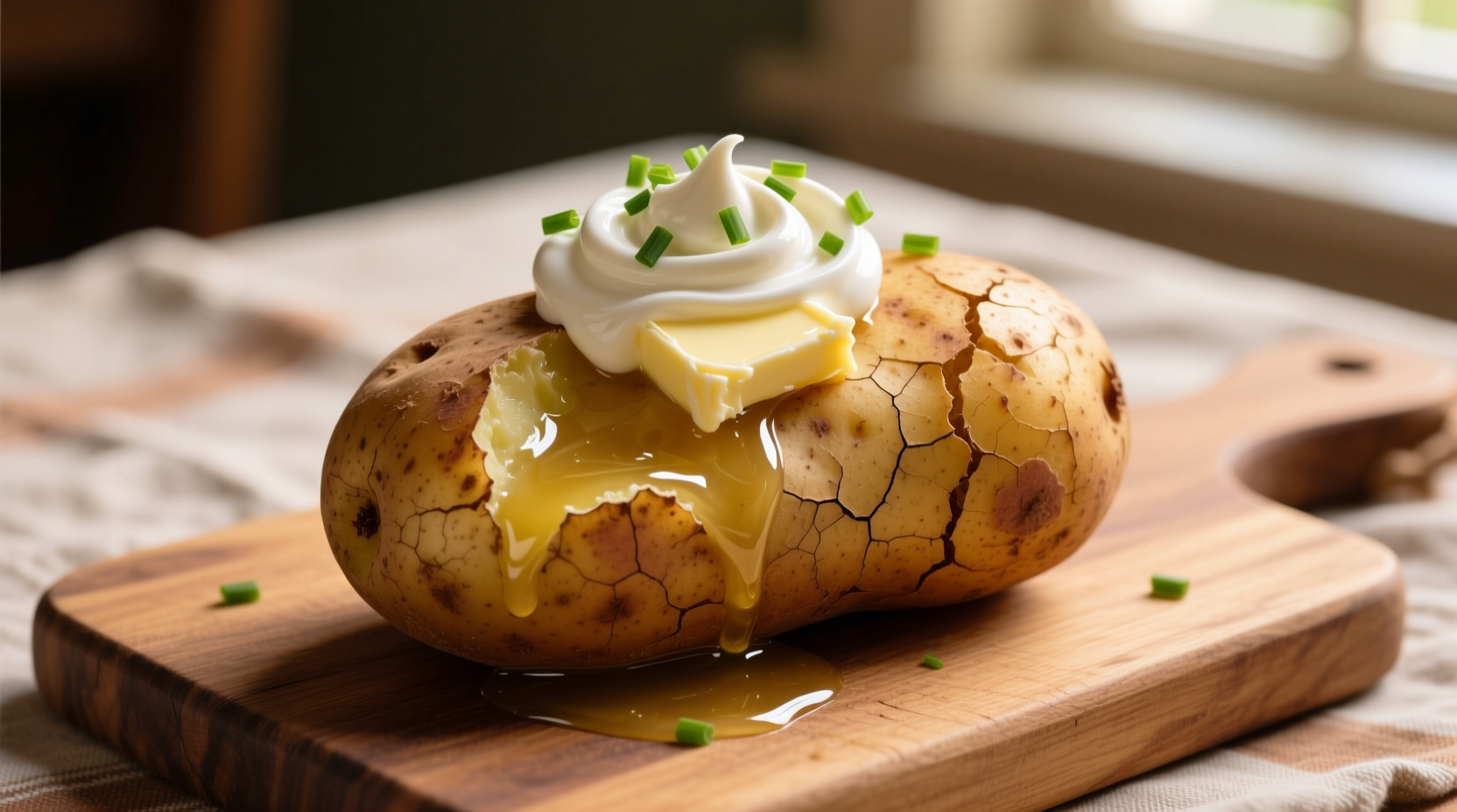Fresh baked potato with butter and sour cream