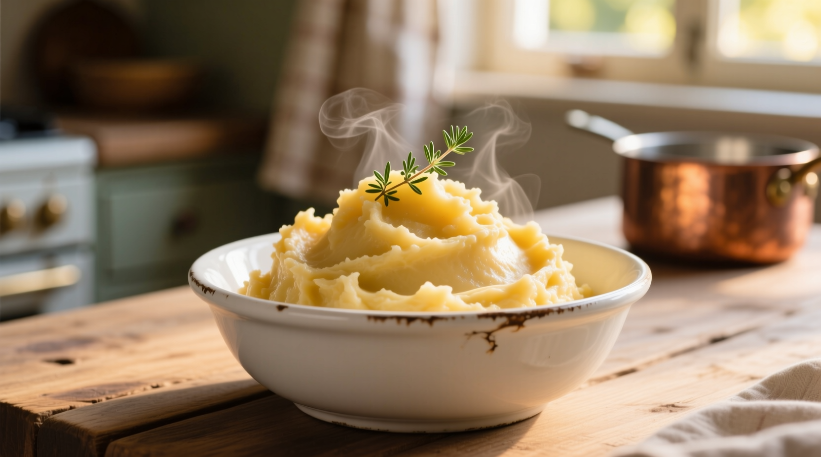 Creamy golden mashed sweet potatoes in white bowl