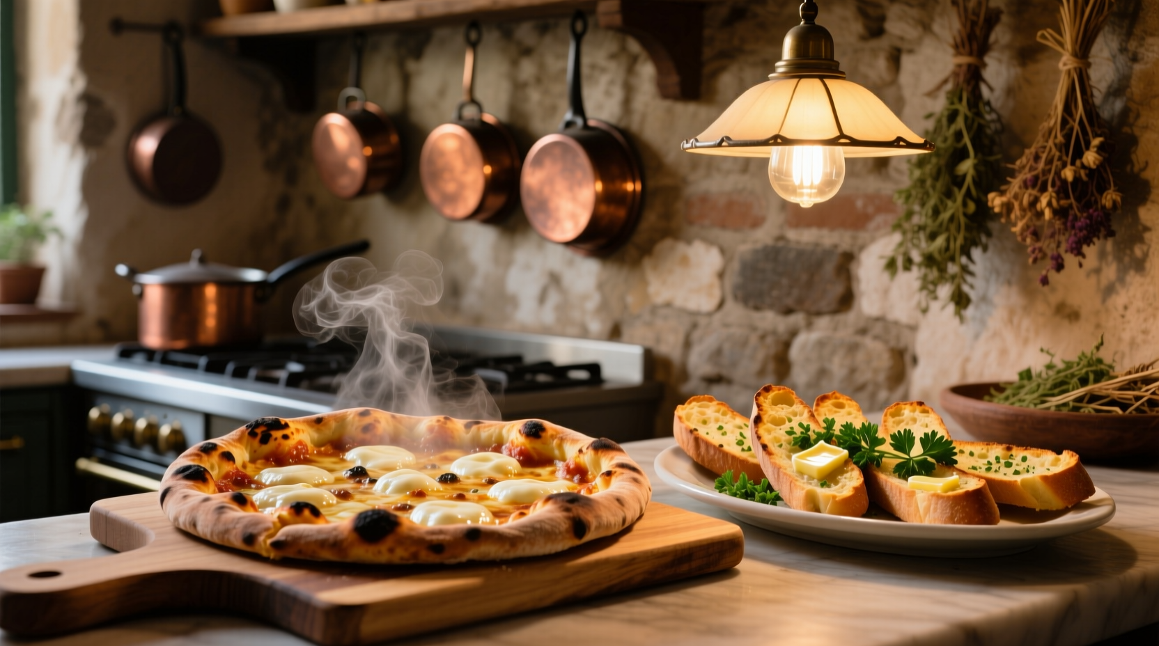 pizza and garlic bread