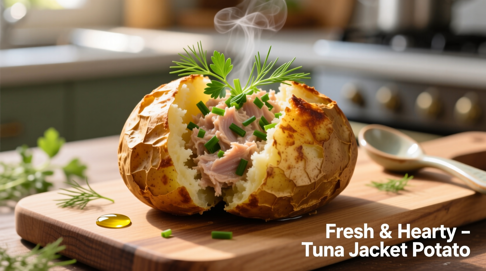 Perfectly baked tuna jacket potato with fresh herbs