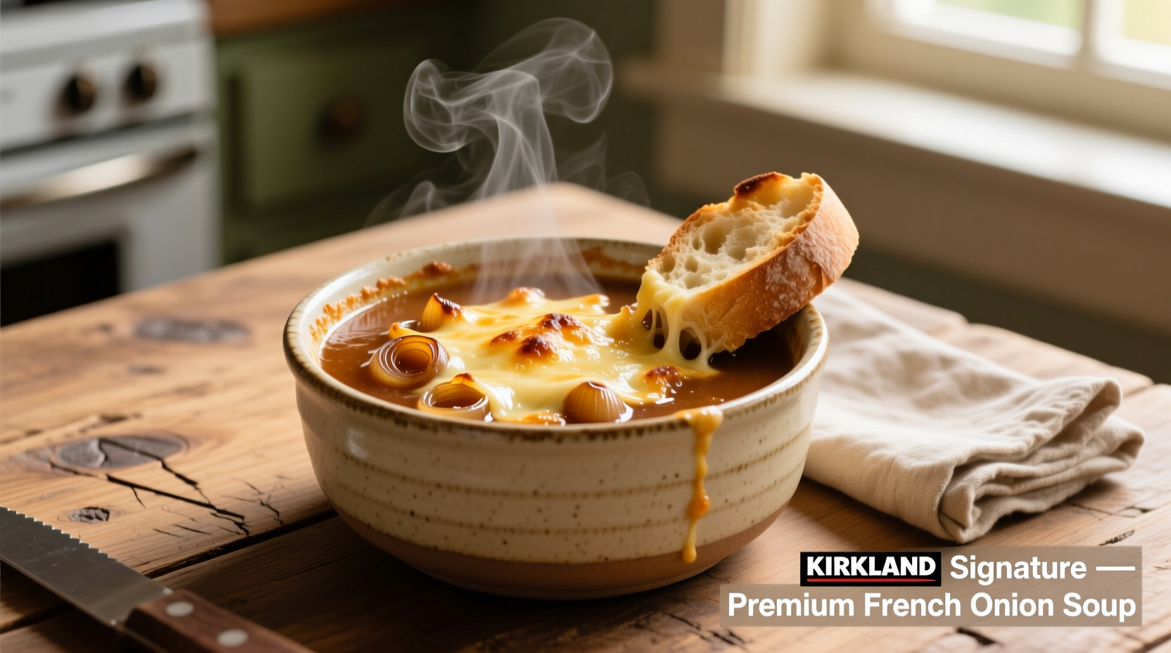 Kirkland Signature French onion soup served in ceramic bowl