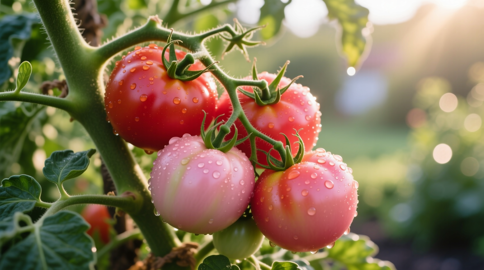 Ripe Opalka tomatoes on vine showing distinctive pinkish-red color