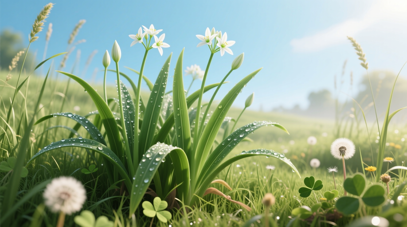 Fresh meadow garlic plants growing in a grassy meadow