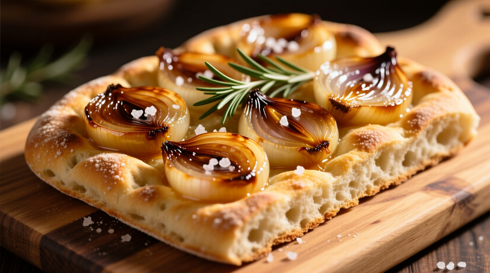 Golden caramelized onions on fluffy focaccia bread