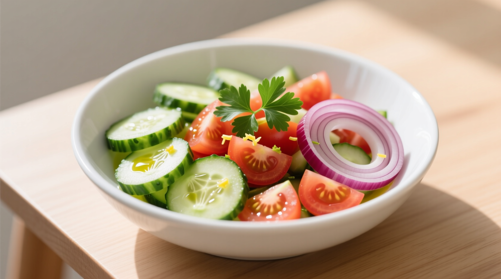 Fresh cucumber tomato onion salad in white bowl