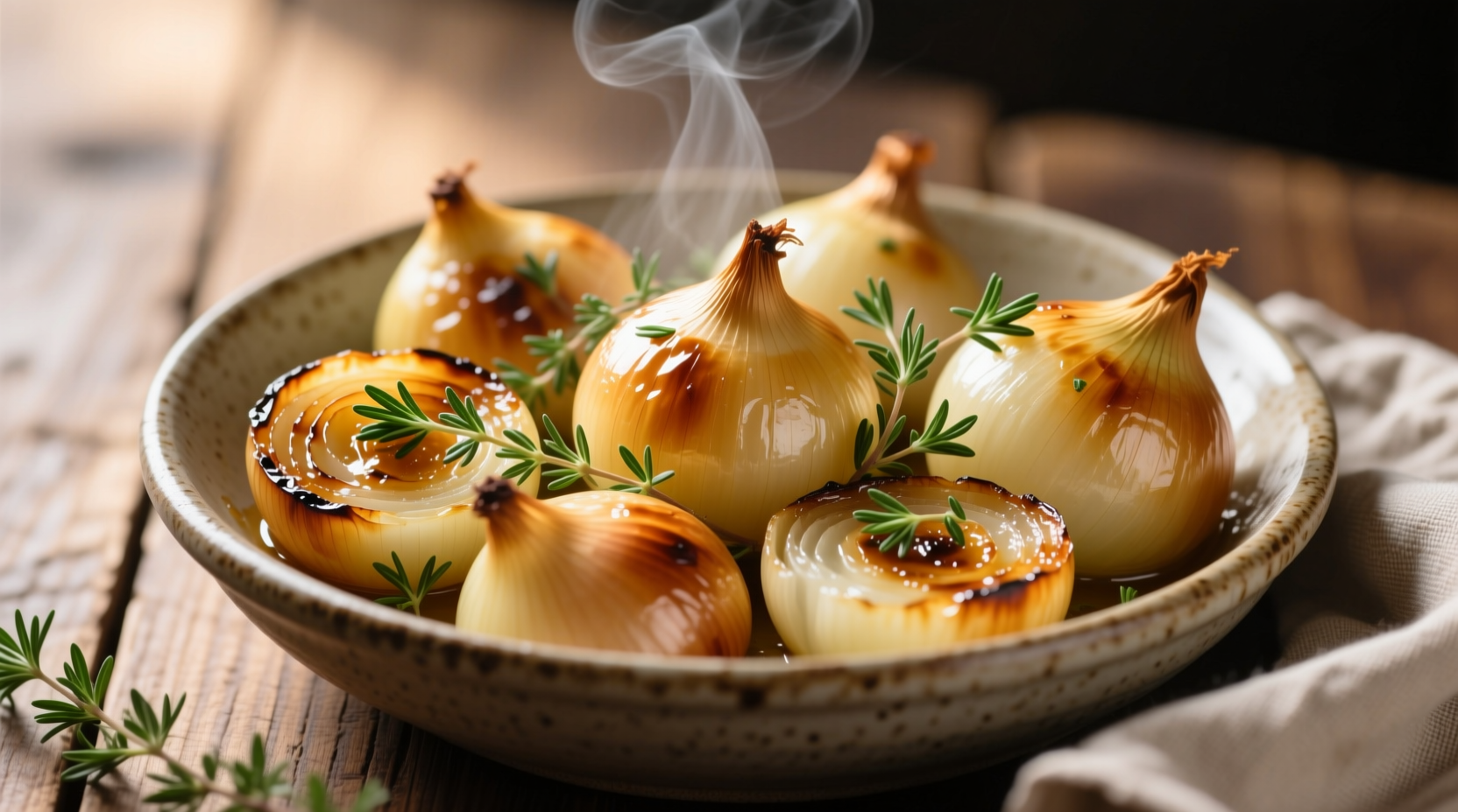 Golden roasted cipollini onions with thyme sprigs