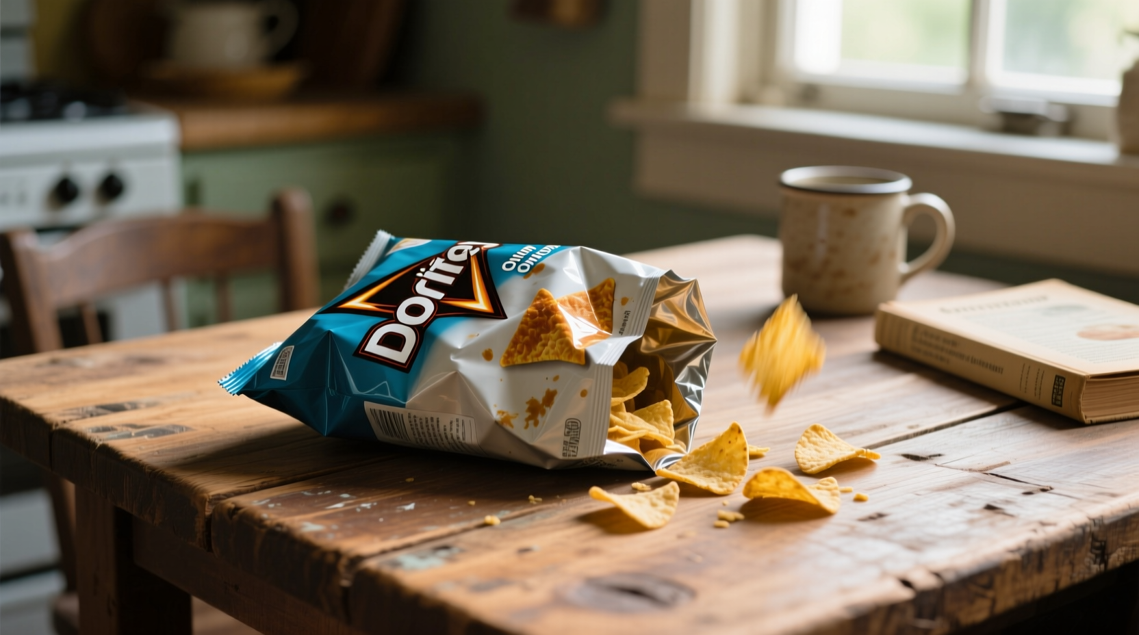 Sour cream and onion Doritos bag on wooden table