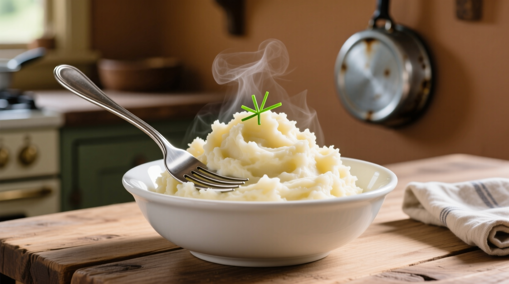 Creamy mashed potatoes in white bowl with fork