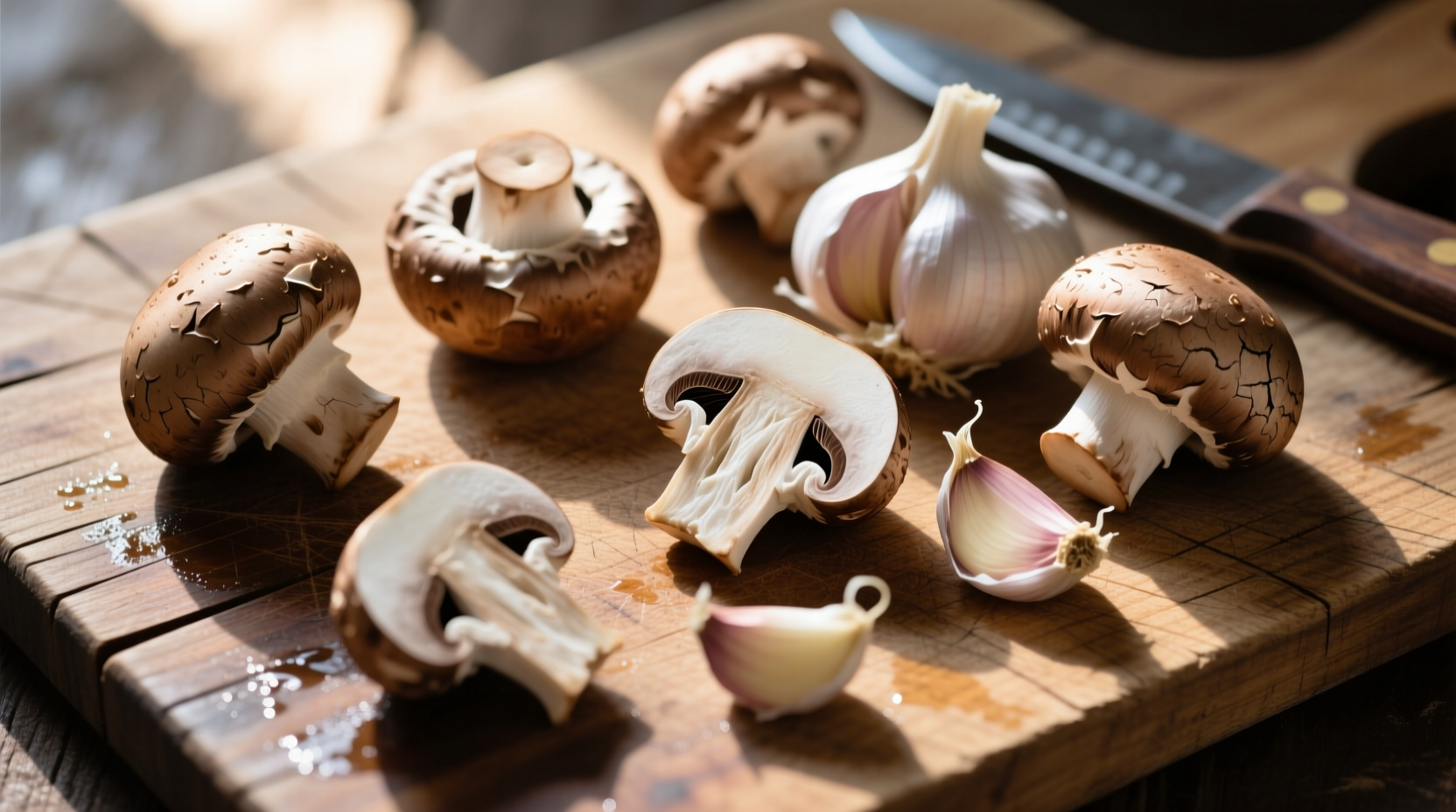 Fresh mushrooms and garlic cloves on wooden cutting board