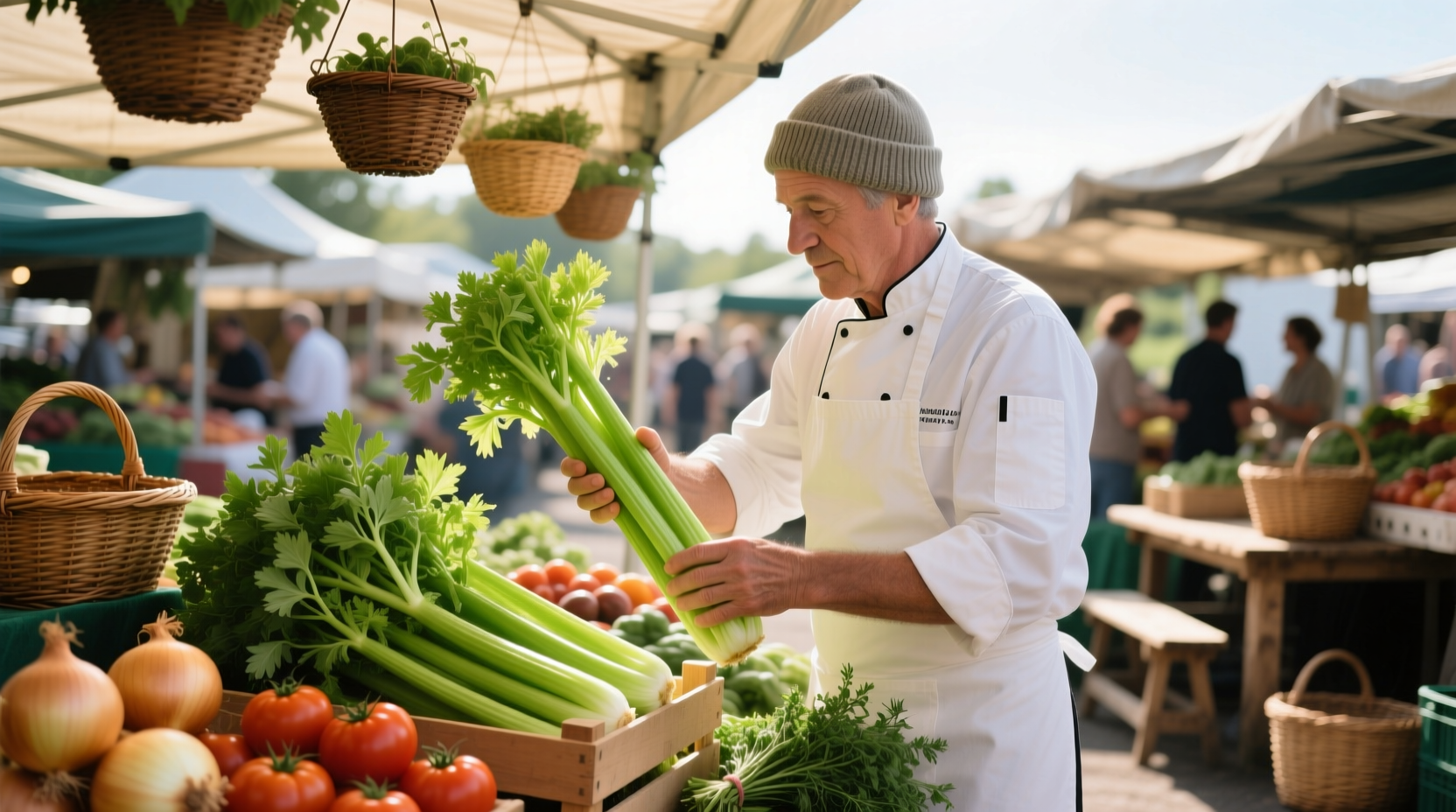 Chef selecting crisp celery stalks at farmers market